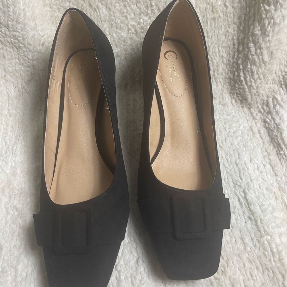 C Comfort synthetic black suede slipon heel square toe front buckle accent SZ12W